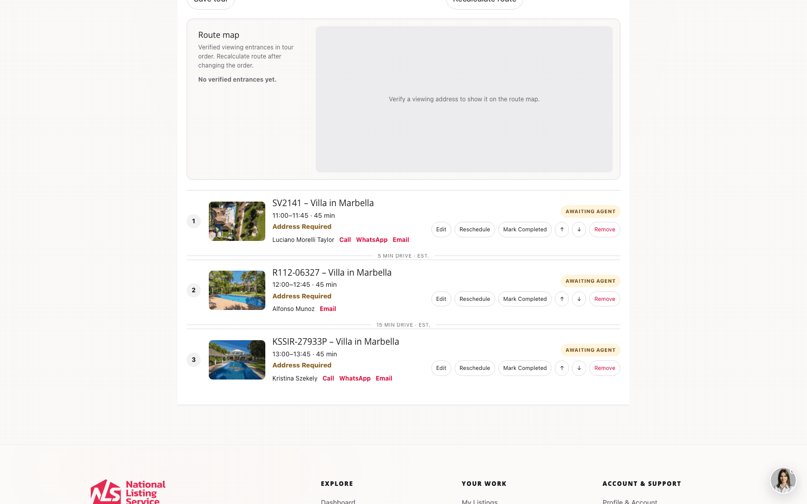 NLS tour workspace with a selected villa in the itinerary