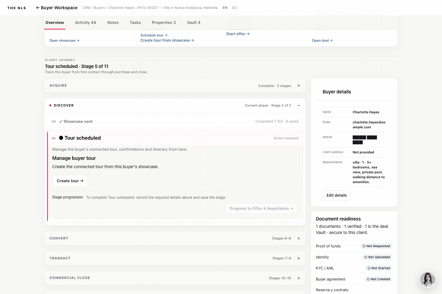 NLS CRM showing a buyer workflow and client details