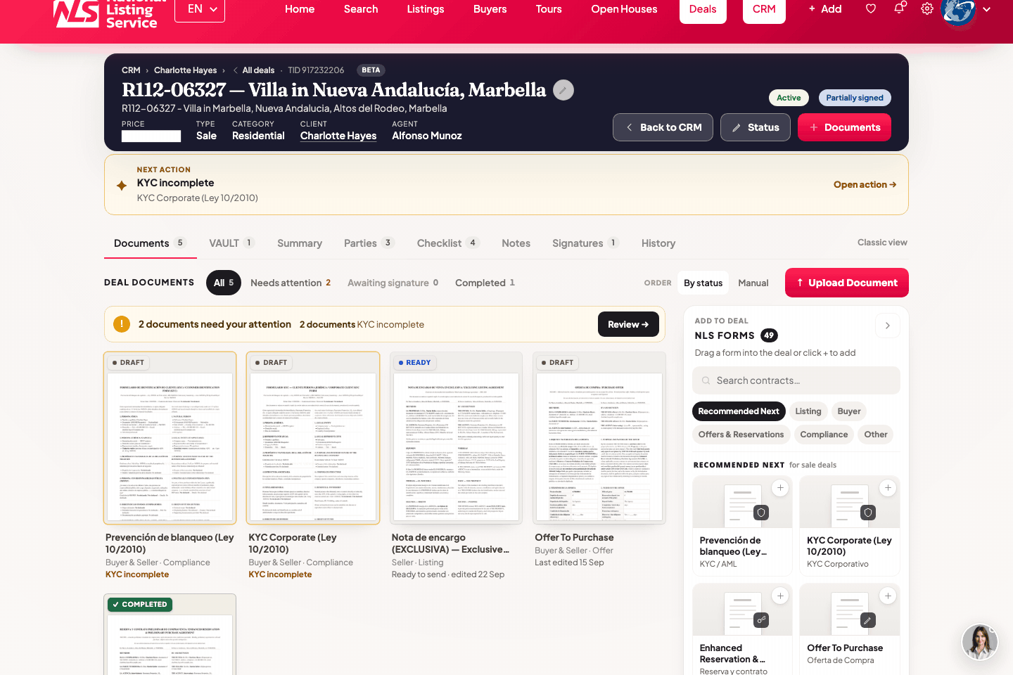NLS deal workspace showing contracts and transaction documents